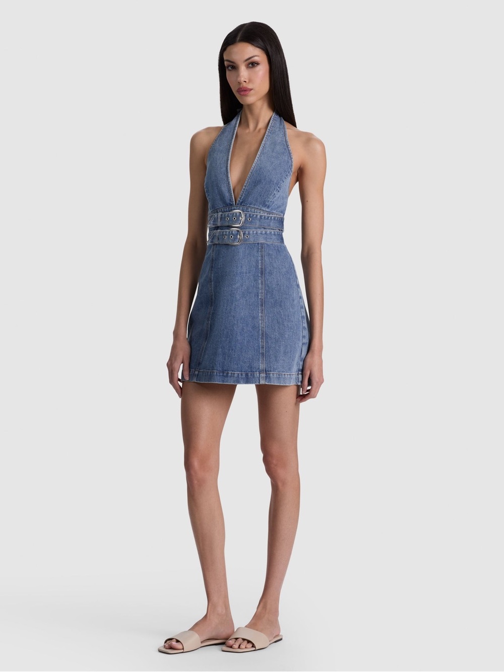 New Alice + Olivia SOLANA BUCKLE DENIM HALTER MINI DRESS - Picture 5 of 14
